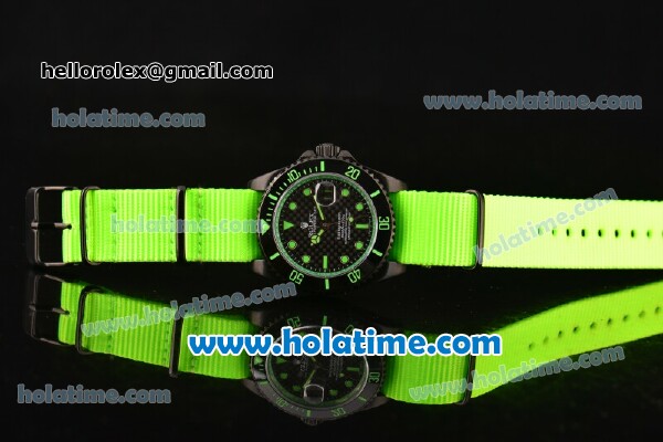 Rolex Submariner Asia 2813 Automatic PVD Case with Green Markers Carbon Fiber Dial and Green Nylon Strap - Click Image to Close